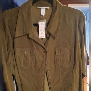 Dressbarn NWT Womens olive green corduroy button down shirt, women's XL